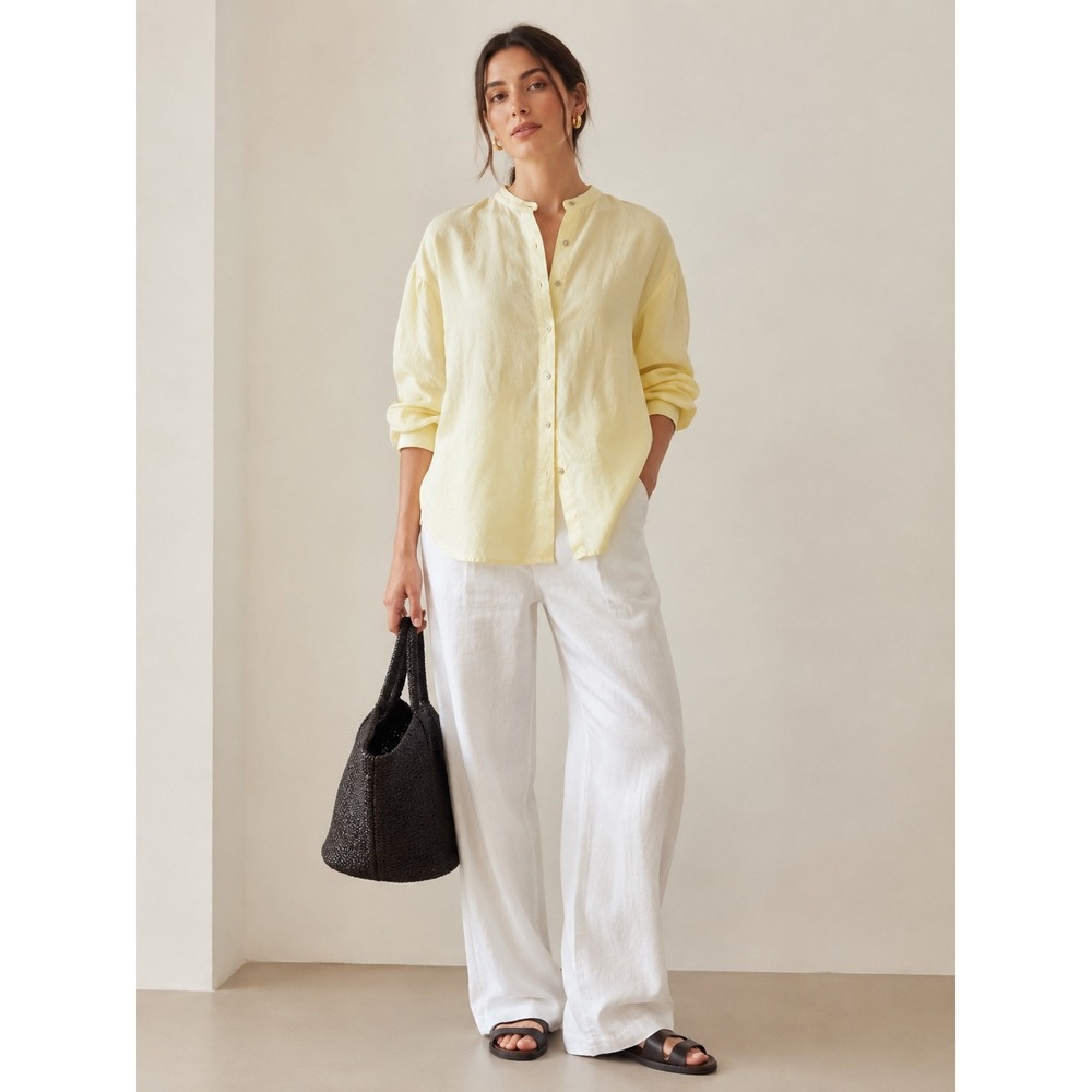 Massimo Dutti Yellow 100% Linen Mandarin Collar Button Down Shirt Small
